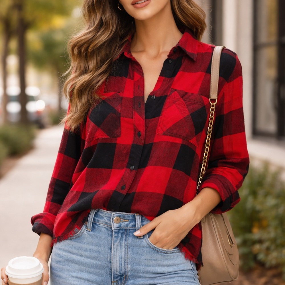 Cloth & Stone‎ Buffalo Plaid Shirt Red Black Button Down Raw Hem Small